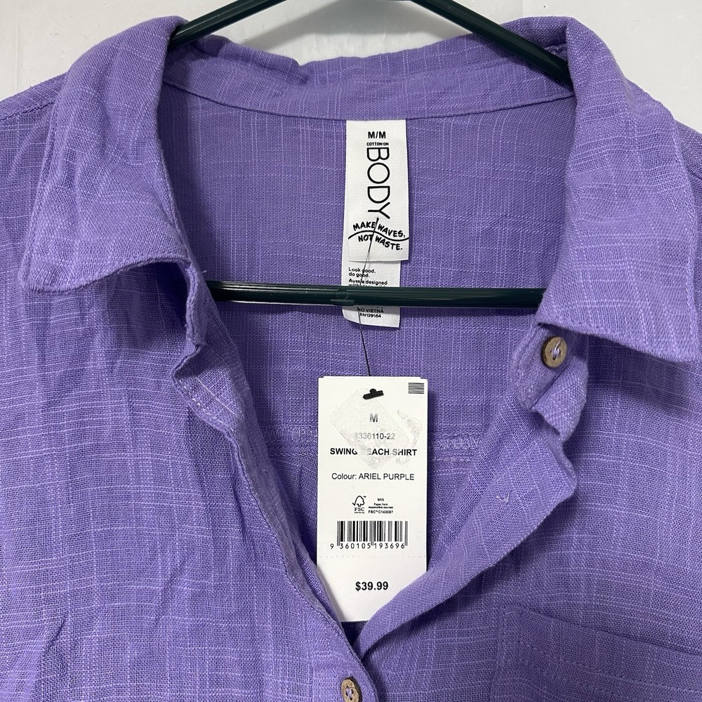 NWT Cotton On Womens Med Long Sleeve Button Up Beach Flowy Boho Top Purple Light - Picture 2 of 6